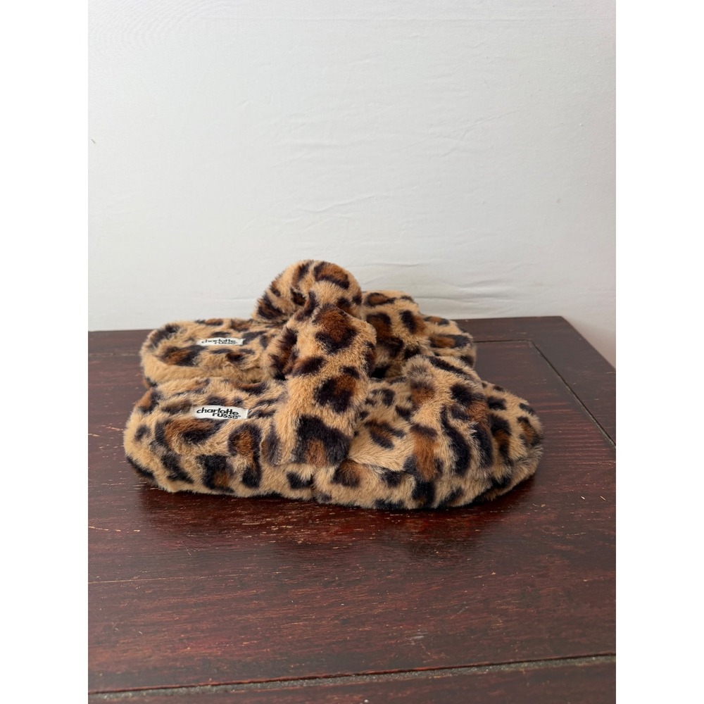 Charlotte Russe Slippers Leopard Animal Print Faux Fur Slides Brown Size 9/10